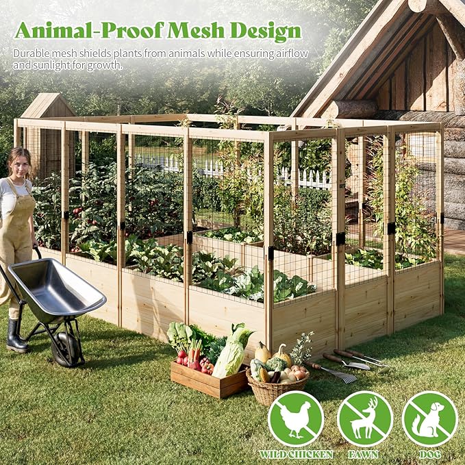 PaPaJet Wooden Raised Garden Bed for Outdoor, Deep Large Planter Box with Netting for Gardening, Vegetables, Flowers, Herbs(7.5× 11.8× 5.9FT)