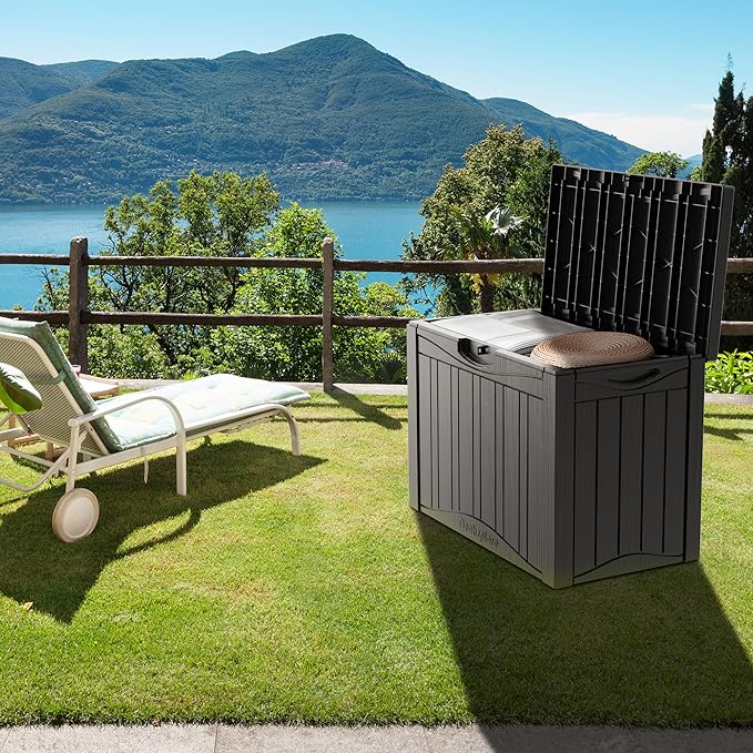 50 Gallon Waterproof Large Resin Deck Box Indoor/Outdoor Lockable Storage Container and Seating for Garden, Pool, and Patio (50 Gallon, Grey)