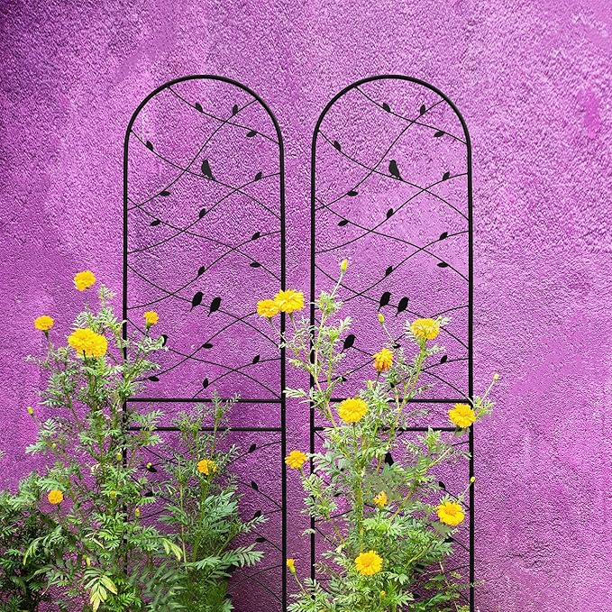 4 Pack Metal Garden Trellis 86.7" Tall Outdoor Climbing Plant Support for Roses, Flowers, Rustproof Durable Black Galvanized Tube, Lawn Garden Fence Decor Screen (4, Black birds-86.7" H)