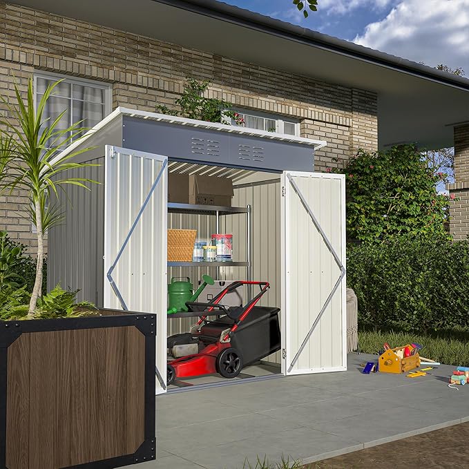 10X8 FT Outdoor Storage Shed, All Weather Metal Sheds with Lockable Doors, Tool Shed for Garden, Patio, Backyard, Lawn (Grey with Floor Frame, 6x4 ft)