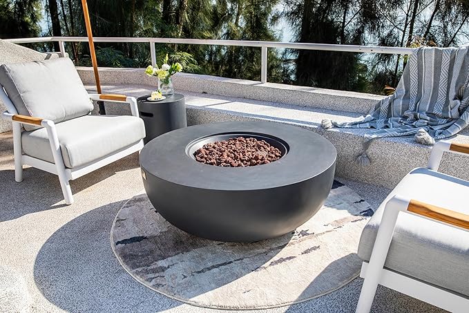 AMS Creations | Eclipse 44" Round Cast Concrete Natural Gas Fire Pit Bowl Table | Dark Gray | Smooth Texture Surface | Electronic Ignition | Outdoor Patio Heater Outside Backyard Fireplace