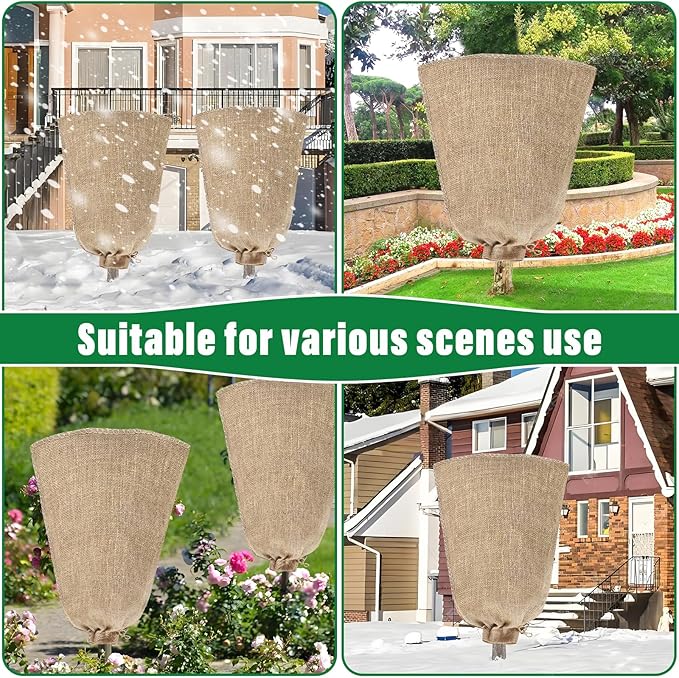 Riare 4 Packs 45 × 70 Inch Burlap Winter Plant Cover Bags with Drawstring- Reusable Large Burlap Sack Plant Frost Protector, Plant Frost Cloth Cold Tree Freeze Blanket for Outdoor Plants Fruit Shrubs