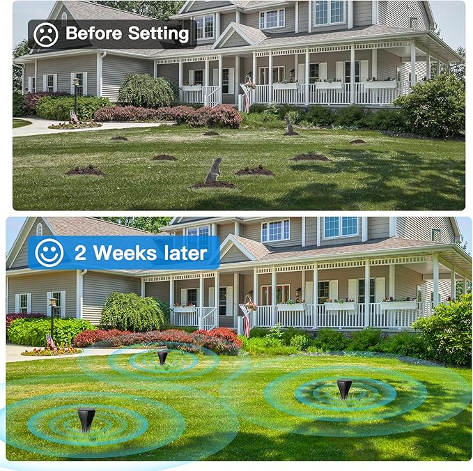 4 Pack Mole Repellent Solar Powered, Snake Vole Repellent Outdoor, IP65 Waterproof Snake Deterrent Gopher, Waterproof Sonic Mole Spikes for Lawn and Garden, Get Rid of Moles, Groundhogs, and Rodents