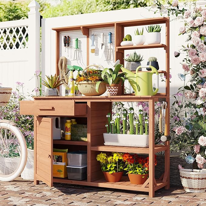 Fir Wood Potting Bench with Hutch - Outdoor Garden Workstation with 4 Shelves, Drawer & Adjustable Storage, 50.2" Countertop, & Pegboard (Brown + Wood + Rustic)