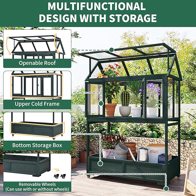 Merax 69" Wooden Greenhouse with Wheels - Portable Cold Frame for Balcony/Patio, UV-Resistant Indoor Outdoor Plant Growing Cabinet (Large, Heavy-Duty) (Forest Green)