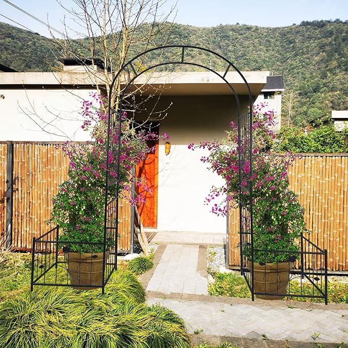 Metal Garden Arch with 2 Plant Stands, Garden Arch Trellis for Climbing Plants Outdoor, Garden Arbor for Weddings Party Events Decoration, 79.5" L X 19.7" W X 86.6" H, Black
