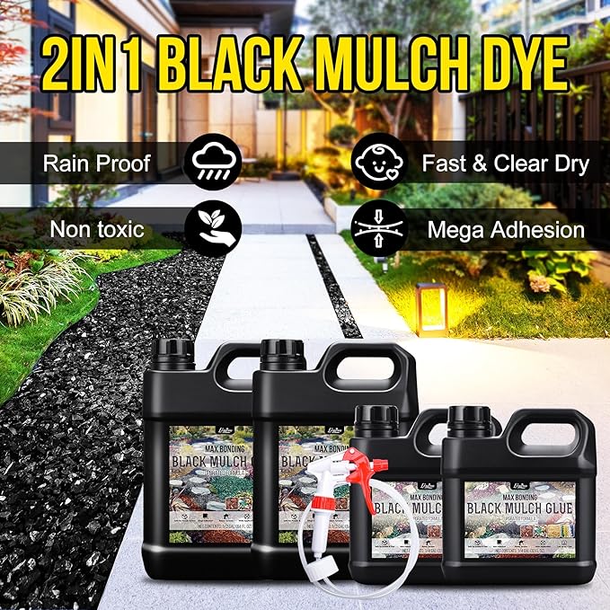 Mulch Glue - 1 Gallon / 128oz Black Color Mulch Dye & Landscape Adhesive with Applicator for Landscaping, Garden, Gravel, Rock - Safe Ready to Use Gravel Binder Mulch Lock Glue for Leaf, Stone, Bark