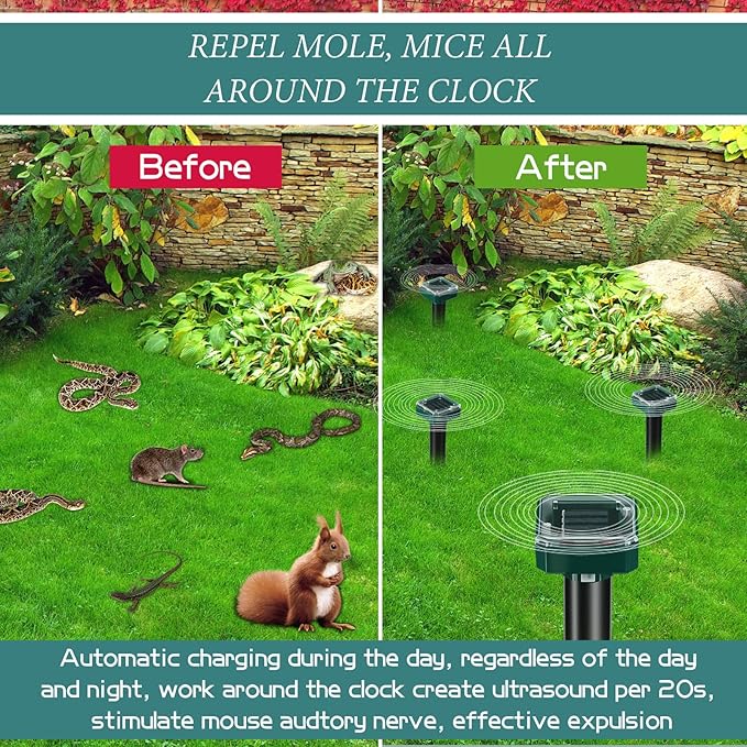6 Pcs Mole Repellent for Lawns Solar Powered Mole Repeller Ultrasonic Gopher Repellent Waterproof Outdoor Snake Stakes Spikes for Yard Garden Gophers Groundhogs Voles Rodent (Small)