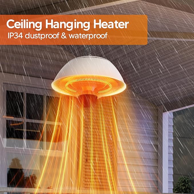 Electric Outdoor Heater, 1500W Hanging Ceiling Mounted Infrared Patio Heater for Outdoor Use, Waterproof Electric Heater for Porch, Balcony, Garage, Adjustable Height, White