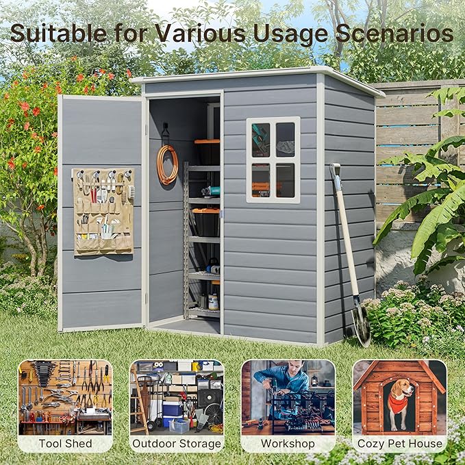 Gizoon 5x3 FT Outdoor Storage Shed with Lockable Door, Resin Weatherproof Plastic Garden Shed with Floor & Ventilation, Backyard Shed for Patio, Lawn Tools, Bike, and Toys