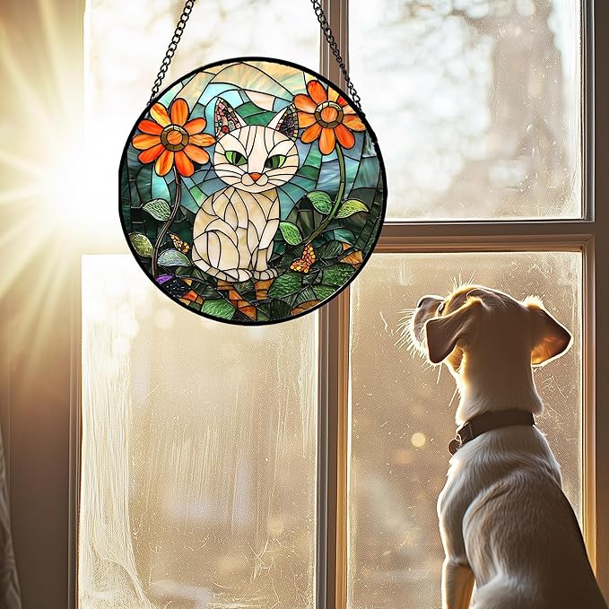 Stained Glass Window Hanging - White Cat Green Plants Orange Flowers Sun Catcher for Door Garden Home Decor Suncatcher Christmas Mother's Day Birthday Gifts for Women Men Mom Nana 6.3 in