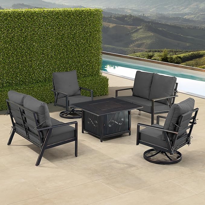 Oakland Living Black Aluminum Patio Fire Table Set with Two Deep Seating Loveseat with Cushions and Two Club Chairs with Black Cushions