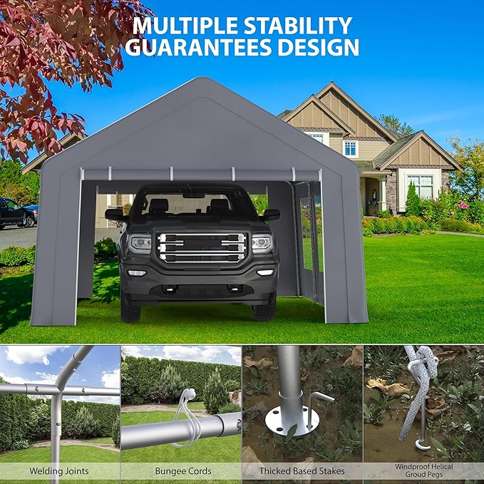 GAOMON 13x20 ft Heavy Duty Carport, Portable Garage with 3 Doors & 5 Ventilated Windows, Waterproof Car Canopy Outdoor Shed with Removable Sidewalls for Pickup Truck Boat, Grey