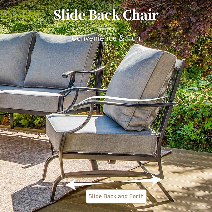 6 Piece Metal Outdoor Patio Furniture Set, Patio Conversation Set 1 3-Seater Sofa, 2 Rocking Chair, 2 Leg Chair with 5.75" Thick Cushion and Coffee Table, Backyard Furniture Set, Gray
