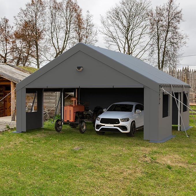 20x20 Carport Canopy, Heavy Duty Car Ports with Sidewalls, Portable Garage Carports with Roll Up Zipper End & Side Doors, Grey