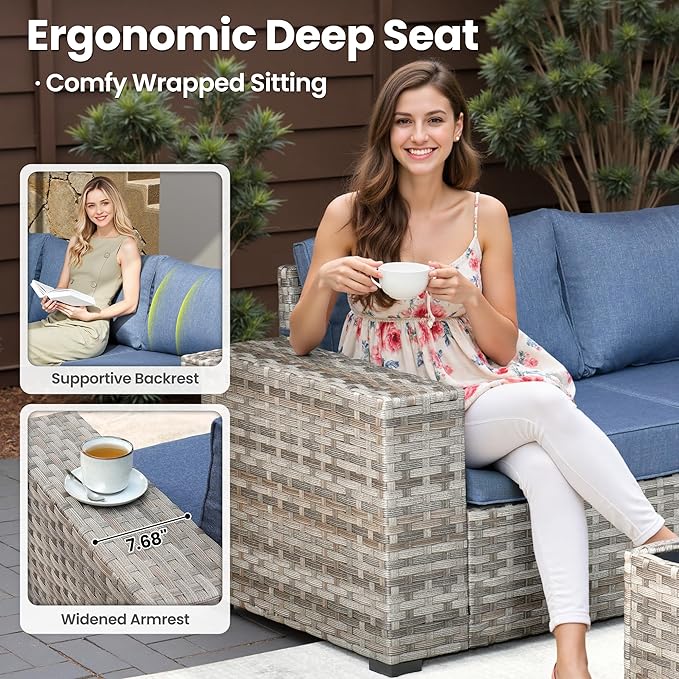 ovios 12 Pieces Patio Furniture Set, Outdoor Wicker Sectional Sofa with Glass Table Comfy Cushions, Modern Modular Deep Seat Couch Rattan Conversation Set, Denim Blue