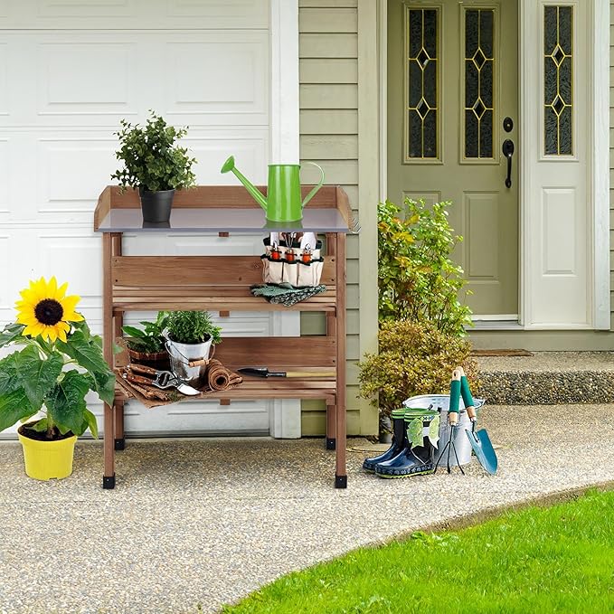 Yaheetech Outdoor Garden Potting Bench Table, Wooden Horticulture Planting Worstation w/Metal Tabletop/Storage Shelf/3 Hooks, Brown