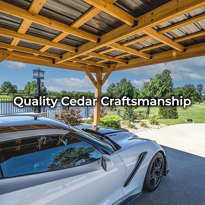 Backyard Discovery Kingsport 20' x 12' Cedar Wood Outdoor Carport Garage with Heavy-Duty Galvanized Steel Slope Roof, Snow Support, Wind Resistance, PowerPort, Shelter to Protect Cars, Boats, Trucks