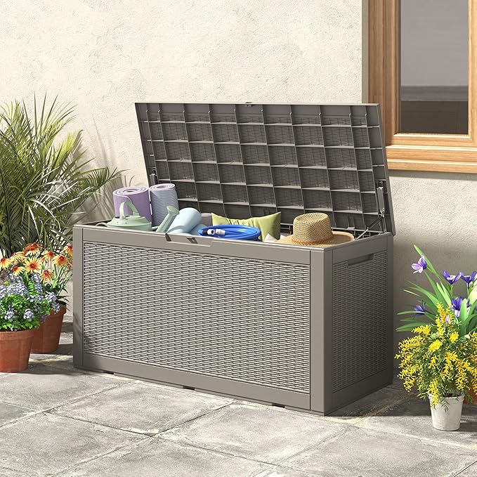 NUNU LAB 101 Gallon Large Waterproof Resin Deck Box, Lockable Outdoor Storage Box with Gas Lift, Patio Cushions, Garden Tools, Pool Supplies, Indoor Outdoor Storage Container, Grey