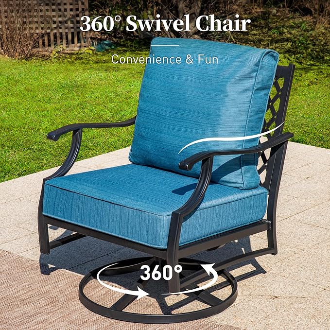 5 Piece Metal Outdoor Patio Furniture Set with Fire Pit Table, Patio Conversation Sets 4 Swivel Chairs with 5.75" Thick Cushion and 5000 BTU Fire Pit Table, Backyard Furniture, Blue-2