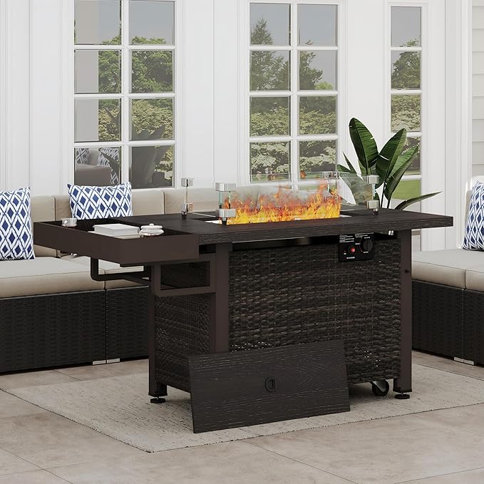 52 Inch Wicker Outdoor Fire Table, 50,000BTU Propane Fire Pit Table with Windshield, Side Basket, Rain Cover and CSA Certified, Patio Fire Pit for Garden, Backyard, Balcony, Poolside, Brown