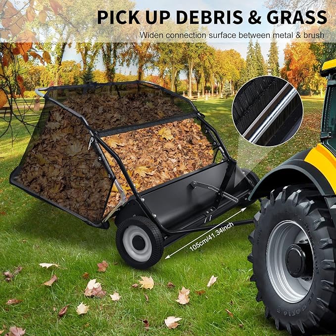 Tow Behind Lawn Sweeper, 44 in Pull Behind Lawn Sweeper, 25 cu. ft Large Capacity Leaf & Grass Collector, Heavy Duty Garden Sweepers with Adjustable Sweeping Height for Yard, Lawns, Farm