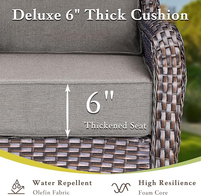 Luxury Outdoor Furniture Set with Swivel Chairs, High Back Swivel Patio Chairs with Ottoman, Side Table & 6-Inch Thick Cushions, Wicker Patio Furniture Set for Porch, Yard, Deck, Poolside, Brown/Grey