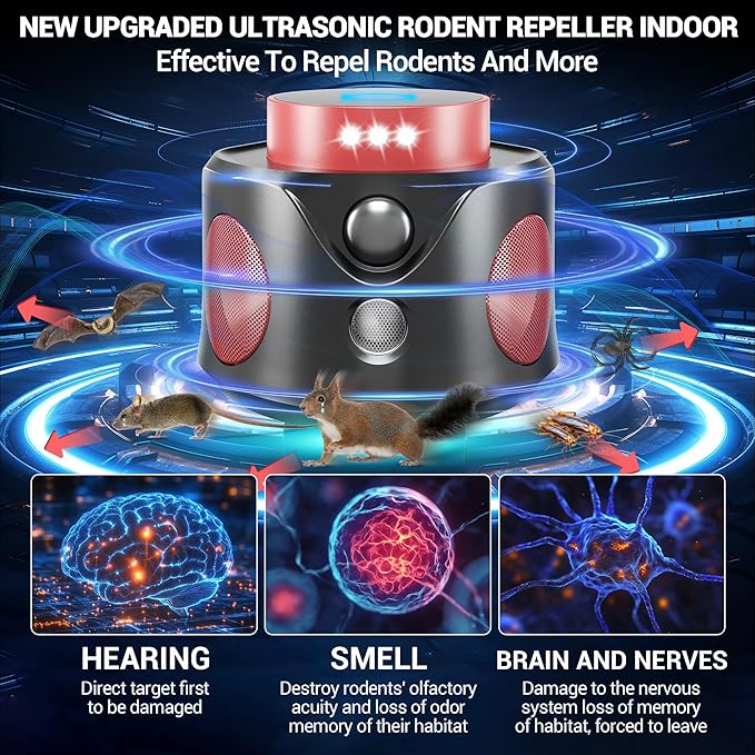 Mouse Repellent Ultrasonic Plug in, Mice Repellent Indoor Ultrasonic Pest Repeller 2025 Upgraded, 360° Ultrasonic Rodent Repellent with PIR Sensor & LED Strobe Light for Indoor