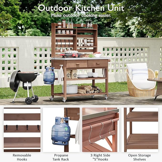 Polibi 64.9" H Outdoor Potting Bench Table with Lockable Wheels,Solid Fir Wood Outdoor Kitchen Island with Upper Hutch,Stainless Steel Top,Towel Rack,Outdoor Storage for Grilling,Lawn Garden(Brown)