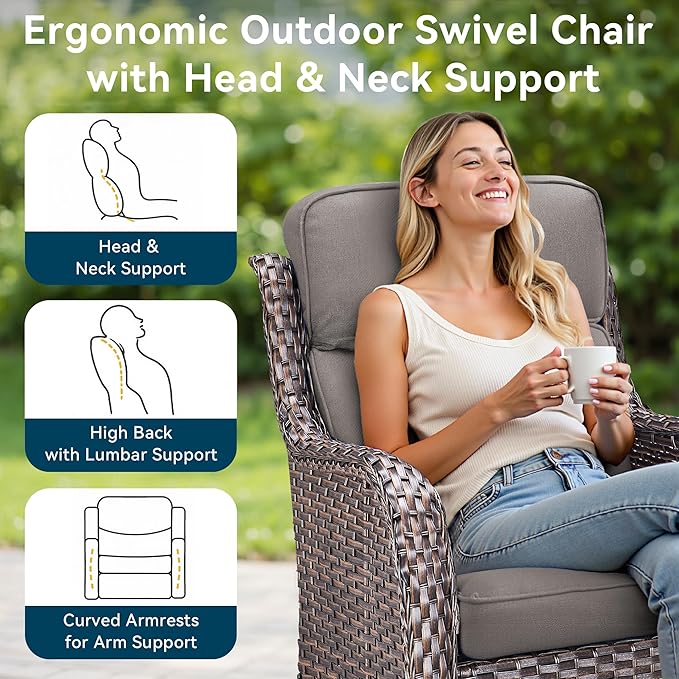 Luxury High Back Outdoor Furniture with 6-Inch Thick Cushions, Patio Furniture Set with Swivel Chairs, 5 PCS Wicker Conversation Set for Porch, Balcony, Deck and Yard