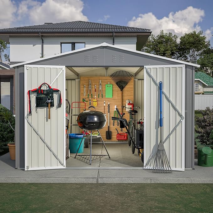 10X8 FT Outdoor Storage Shed, All Weather Metal Sheds with Lockable Doors, Tool Shed for Garden, Patio, Backyard, Lawn (Grey, 10x10ft)