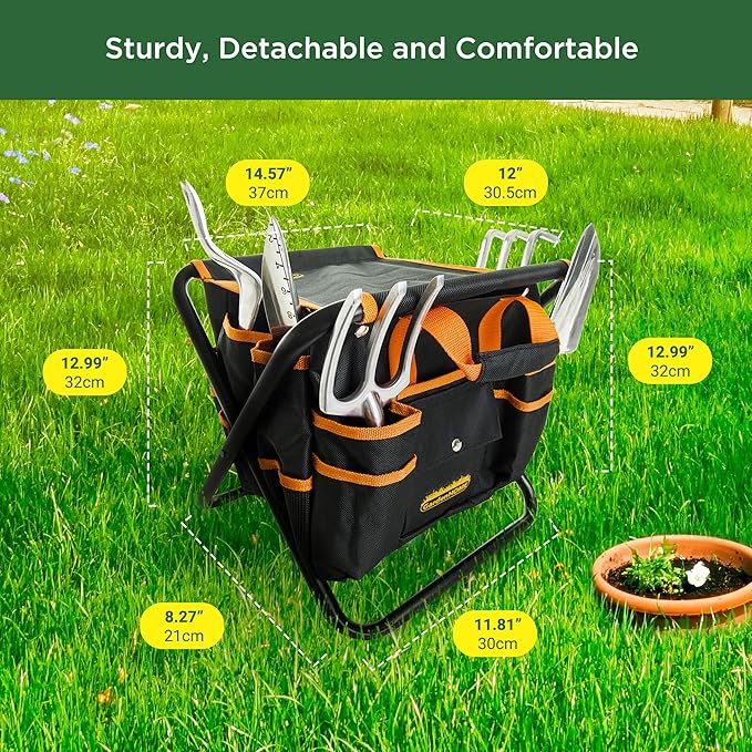 GardenHOME 7-Piece Gardening Tool Set – Stainless Steel Tools with Heavy-Duty Folding Stool and Canvas Tote Bag, Black and Orange – Practical for Men, Gardeners, and DIY Yard Work