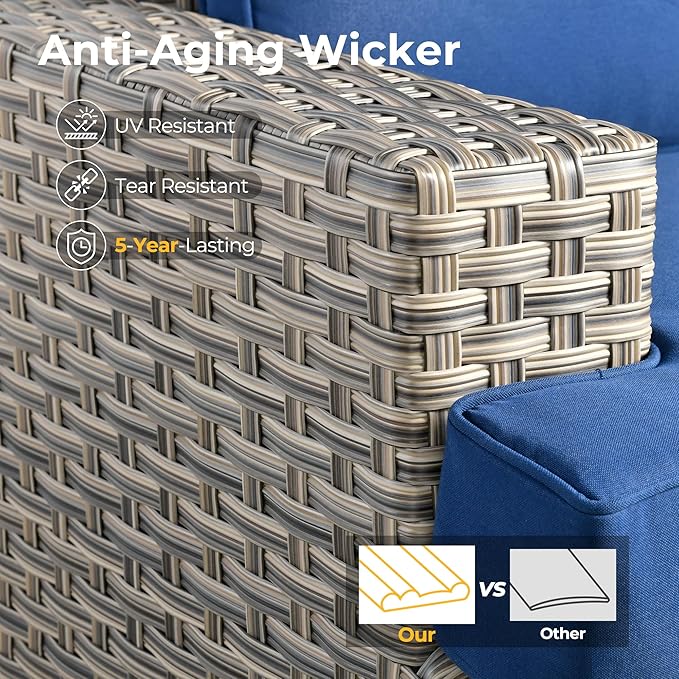 HOOOWOOO Outdoor Sectional Patio Furniture Set,8 Pieces Wicker Conversation Sets,Extra Deep Out Door Sofa Outside Furniture Couch with Swivel Chairs Ottoman,Navy Blue
