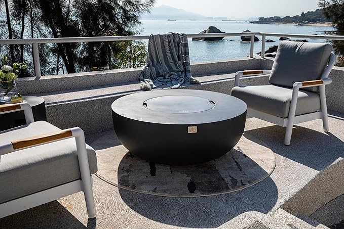 AMS Creations | Eclipse 44" Bundle Round Cast Concrete Natural Gas Fire Pit Bowl Table | Dark Gray | Smooth Texture Surface | Electronic Ignition | Outdoor Patio Heater Outside Backyard Fireplace