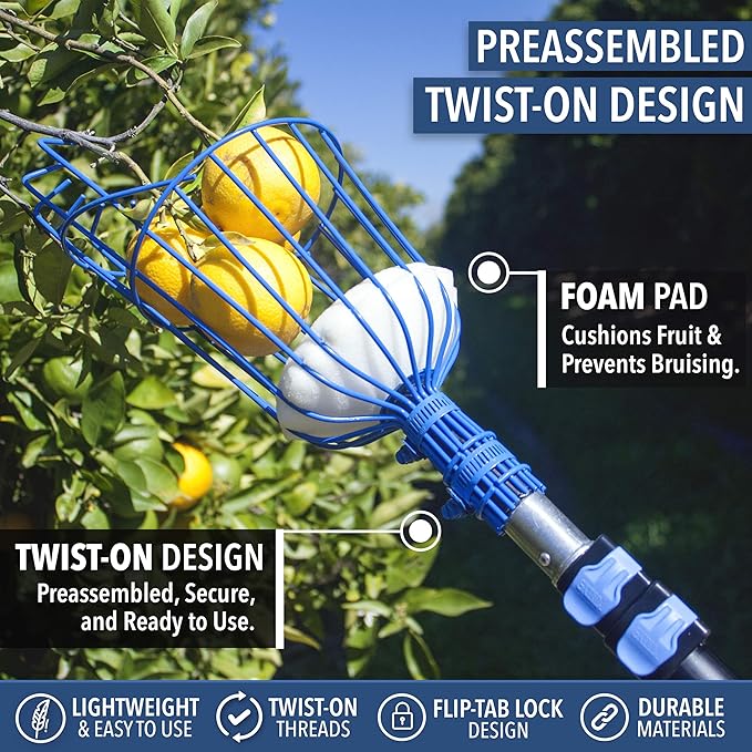 EVERSPROUT 4.5-to-12ft Durable Fruit Picker with 20+ Foot Reach – Telescoping Fruit Picker Pole, Lightweight Twist-On Fruit Picking Tool with Basket, Aluminium Extension Pole for Tree Fruit Harvesting