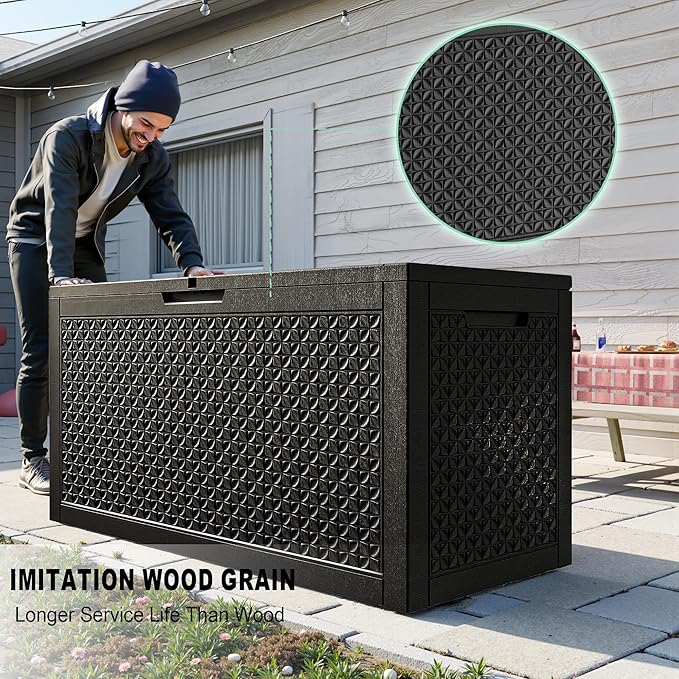 New 100 GallonOutdoor Storage Box,Resin Deck Boxes Waterproof, IndoorOutdoor Bin for Package Delivery, Patio Cushions, Gardening Tools, Lockable, UV Resistant