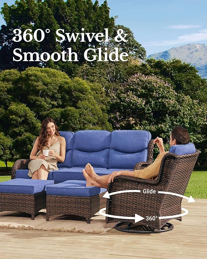 HILLGA Luxury Patio Furniture Set with 6-Inch Thick Cushions, High Back Outdoor Swivel Rocker Chairs and Patio Couch, 6-Piece All Weather Conversation Set for Porch Deck Pool Yard, Blue (V3)
