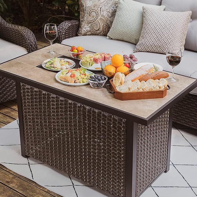 Nuu Garden Propane Fire Pit Table, CSA Certified 43 Inch 50,000 BTU Outdoor Propane Gas Fire Pit Table, Propnae Fire Pit with Ceramic Tabletop, Oxford Cover, 7 lbs Glass Stone, Dark Brown and Coffee