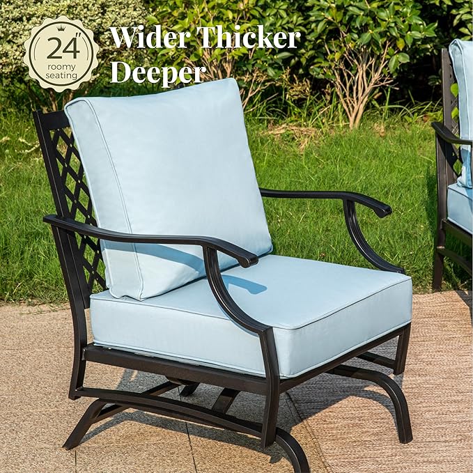 Patio Furniture Set with Firepit Table, 4 Pcs Metal Outdoor Conversation Set, 2 Rocking Chairs and 3 Seater Sofa with 5.75" Extra Thick Cushion and Gas Fire Pit Table for Backyard Deck, Blue