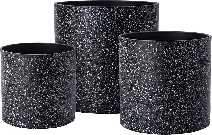 D'vine Dev 6.5 Inch 8 Inch 10 Inch, Set of 3 Plastic Planter Pots for Plants with Drainage Hole and Seamless Saucers, Speckled Black Color, Large, 74-V-F-4