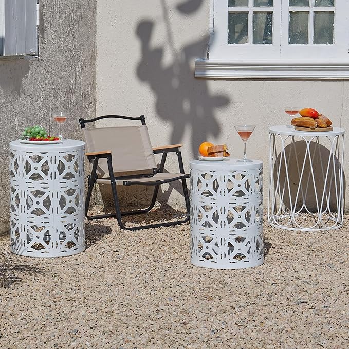 Y&M Set of 3 Stacking Coffee Table for Living Room, Round Metal Coffee Table, Indoor End Tables, Outdoor Garden Stool with Heavy Duty Metal Frame Modern Industrial Decor - Pure White (Ship from US)