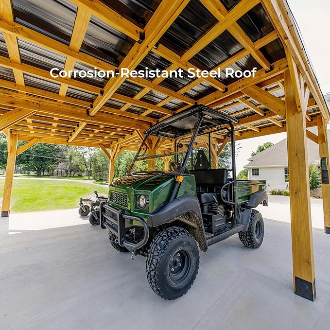 Backyard Discovery Kingsport 20' x 20' Cedar Wood Outdoor Carport Garage with Heavy-Duty Galvanized Steel Slope Roof, Snow Support, Wind Resistance, PowerPort, Shelter to Protect Cars, Boats, Trucks