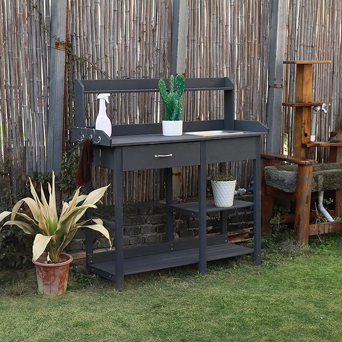 BlueWish Potting Bench, Potting Benches for Outside with Fir Wood Frame, Removable Sink, Three Hooks, Potting Table for All Weather