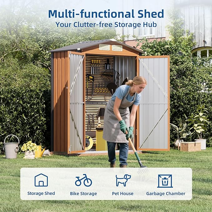 5x3FT Outdoor Storage Shed, Metal Garden Shed with Updated Frame Structure & Double Lockable Doors, Large Tool Shed for Backyard, Patio,Lawn,Utility & Bike Storage