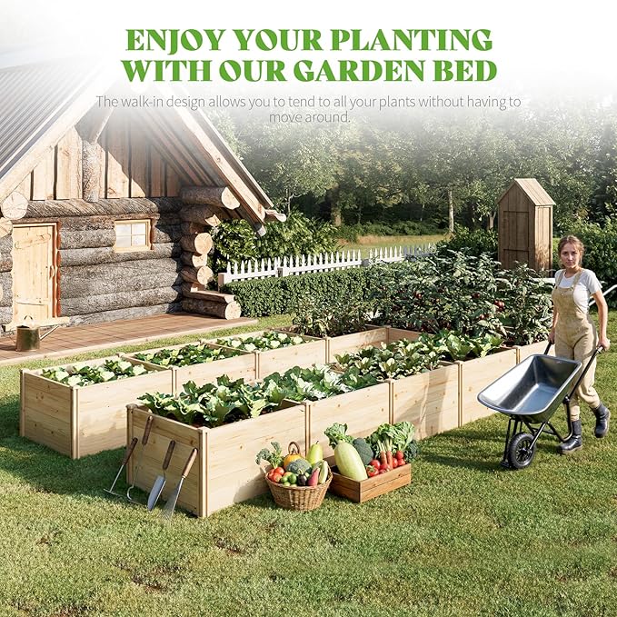 PaPaJet Raised Garden Bed for Outdoor, Eleven GridsDeep Large Planter Box for Gardening, Vegetables, Flowers, Herbs(7.5× 14.8× 1.6FT)