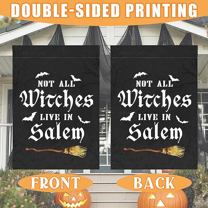 Not All Witches Live In Salem Broom Halloween Garden Flag for Outside, 12x18 Inch Double Sided Halloween Yard Flag, Farmhouse Small Yard Flags for Outdoor Decorations, Holiday Decor Gifts-A13