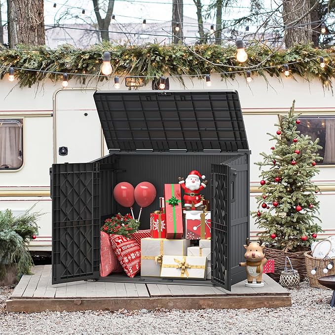 Outdoor Storage Shed 36 Cu. Ft. Resin Garden Horizontal Storage Large Capacity Weather Resistant Storage Box, Lockable Resin Waterproof Shed for Garbage Cans, Garden Tools