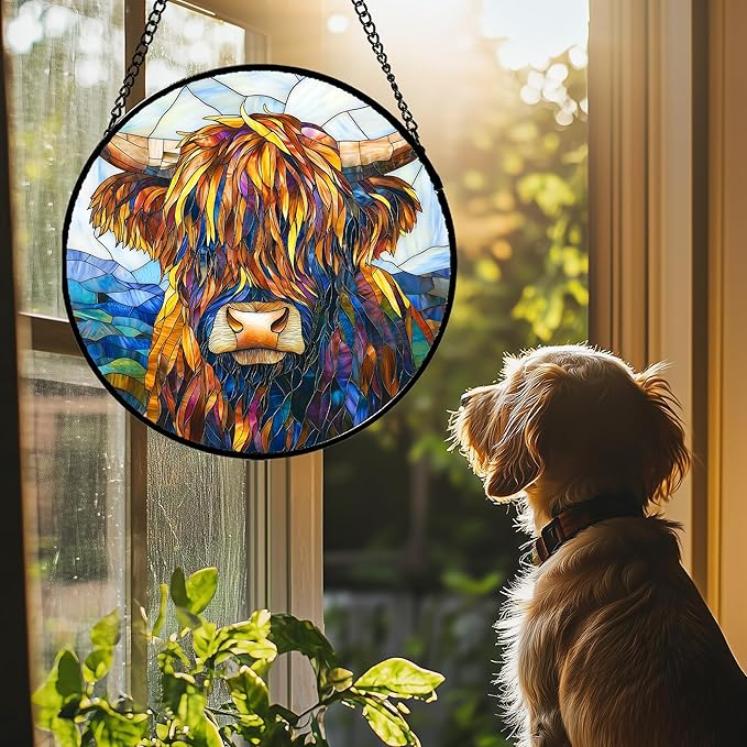 Stained Glass Window Hanging - Highland Cattle Suncatcher for Door Terrace Garden Home Decor Western Style Brown Cow Sun Catcher Birthday Gifts for Lovers Women Men Dad Mom Nana 6.3 in