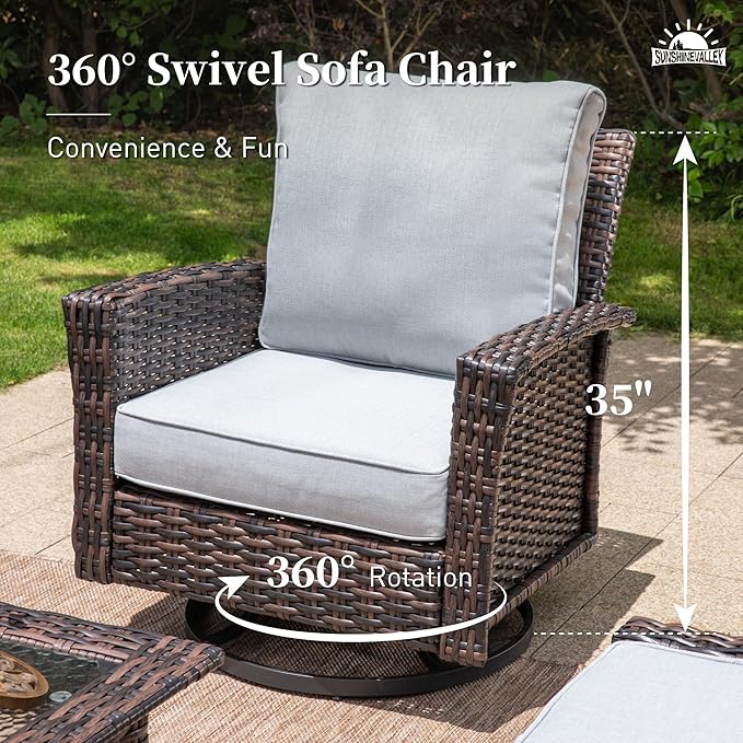3 Piece Patio Furniture Set, Rattan Wicker Swivel Chairs Set of 2 with Side Table, 35" High Back Outdoor Conversation Set with Thick Cushions for Bistro Porch Poolside, Grey