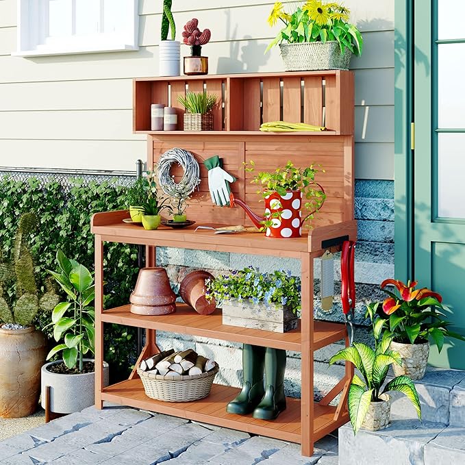 Outdoor Wooden Potting Bench Table β Farmhouse Garden Workstation with Drawers, Cabinet & Storage Shelves, Large Fir Wood Work Table for Patio, Backyard, Mudroom, Greenhouse (Natural, 65'' H)